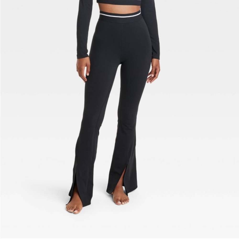 High-Rise Split Flare High Rise Leggings Striped Waistband Joy Lab Black NWT - Picture 2 of 8
